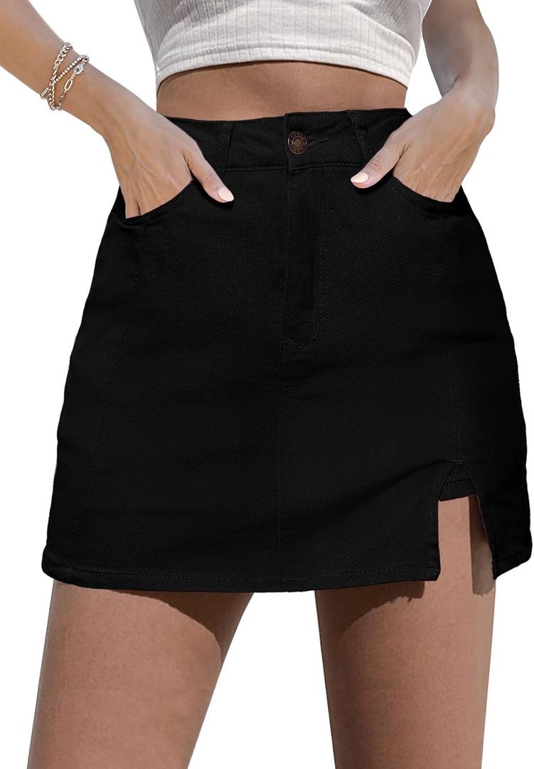 luvamia Skorts Skirts for Women Denim Mini Skirt Side Slit with High Waisted Jean Shorts Stretchy (Medium, True Black)