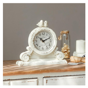 NIKKY HOME Vintage Mantel Table Clock with 2 Birds, Silent Non-Ticking Battery Operated Desk Shelf Rustic Wooden Clock for Living Room Decor - Distressed White