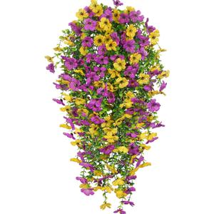 4 Pcs Artificial Hanging Flowers for Outdoors Spring Summer Faux Silk Daisy Flowers UV Resistant Fake Plants Eucalyptus Realistic for Outside Home Indoor Planter Porch Yard Decor Yellow Purple