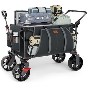 EVER ADVANCED Folding Push Wagon with Brakes, Portable Shopping Cart, Collapsible Wagon Cart with All-Terrain Big Wheels for Camping, Beach, Sports