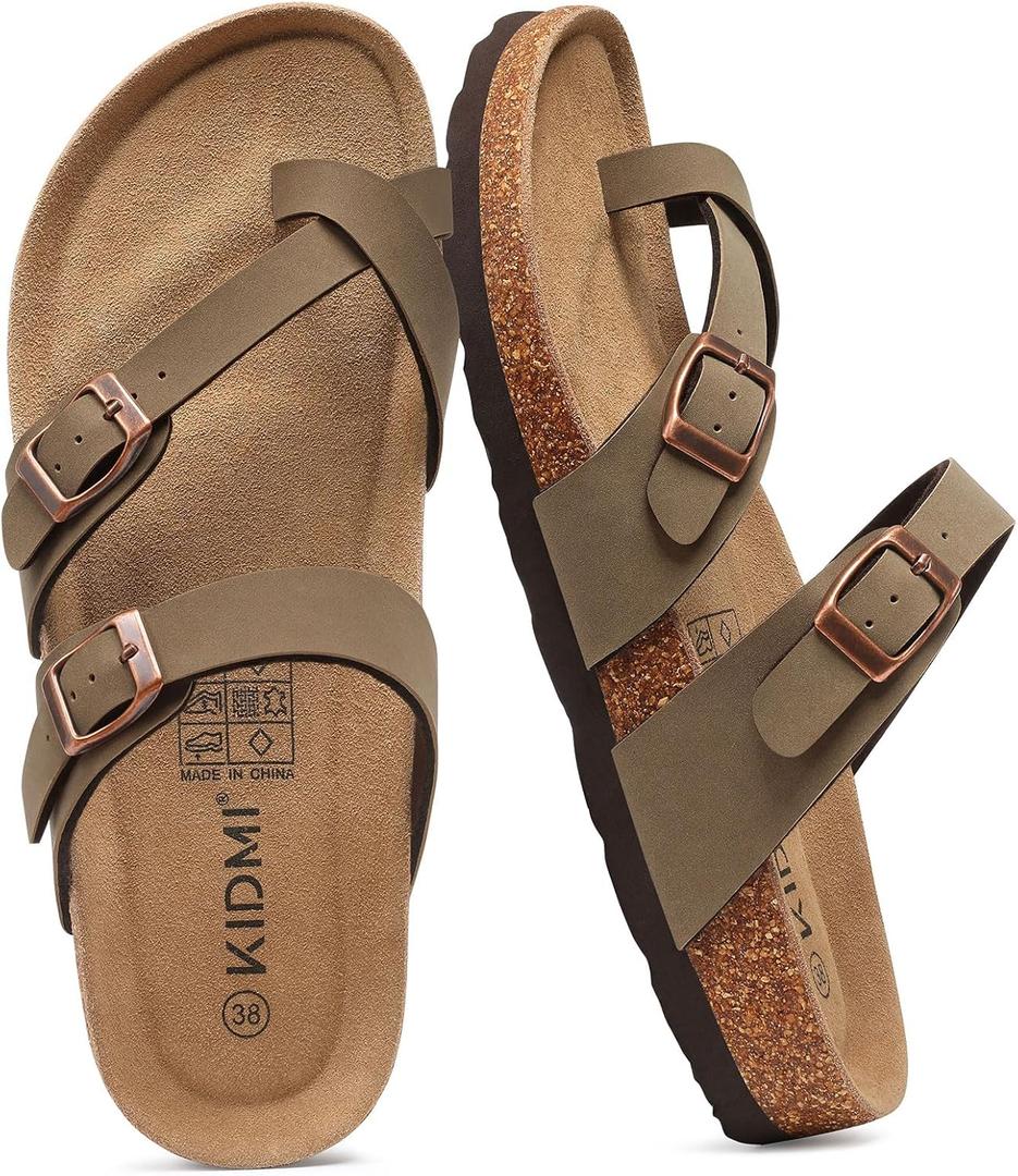 KIDMI Women's Cork Footbed Sandals with Toe Loop, Comfortable Summer Slip-On Slides with Adjustable Buckle, Brown 39