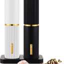 Wooden Salt and Pepper Grinder Set 8 Inch Manual Salt and Pepper Mill with Tray Adjustable Coarseness and Refillable Wood Grinders with Gold Bottle Label for Kitchen Gift(Black,White)