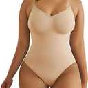 SHAPERX Women's Shapewear Bodysuit Tummy Control Body Shaper Seamless Sculpting Snatched Waist Body Suit (Small/Medium, Beige Thong)