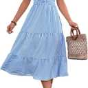 WDIRARA Women's Striped Print Ruffle Hem Belted V Neck Sleeveless A Line Dress, Large , Blue and White 