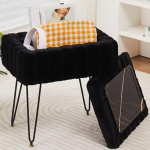 Wimarsbon Storage Ottoman, Vanity Stools with Metal Legs, 16.5" x 11.8" x 18" Modern Faux Mink Fur Footstool, Makeup Chair with Anti-Slip Feet, Accent Table,Footrest,Storage Bench for Bedroom (Black)