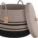 Extra Large Woven Basket with Lid, 18" X 14" Wicker Blanket Storage Basket Living Room, Tall Rope Storage Baskets for Toys, Decorative Kids Toy Bin Box with Cover, Baby Laundry Basket Hamper (Jute/Black)