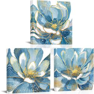 Blue Abstract Canvas Wall Art, 12"x12" Blossoming Floral with Gold Foil Prints - Set of 3 for Living Room, Bedroom, Bathroom
