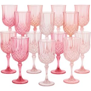 Vesici 24 Pcs Plastic Vintage Wine Glasses 7oz Reusable Colored Goblets Unbreakable Patterned Stemmed Drinking Glasses Drinkware Cup for Wedding Reception Party Supplies(Pink)
