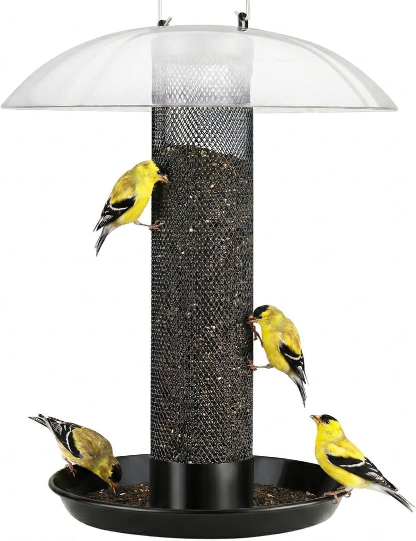 Kingsyard Finch Bird Feeder for Outdoors Hanging, Metal Mesh Tube Bird Feeders for Thistle & Nyjer Seed, Large Removable Tray & Rainproof Dome, 2.5 lbs Seed Capacity, Black