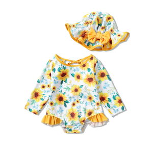 SUNNY PIGGY Baby Girls One Piece Swimsuit Long Sleeve Floral Bathing Suit+Hat 2Pcs 18-24M