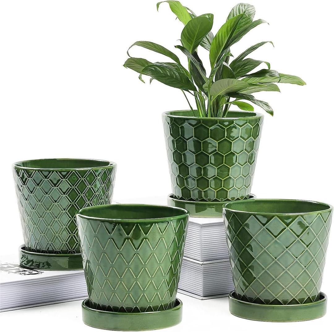 BUYMAX Plant Pots Indoor –5 Inch Ceramic Flower Pot with Drainage Hole and Ceramic Tray Gardening Home Desktop Office Windowsill Decoration Gift, Set of 4Plants NOT Included (Patina)