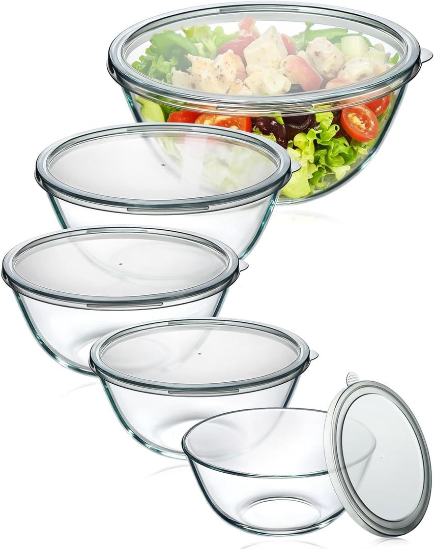 Glass Mixing Bowls with Lids Set of 5(4.78QT,2.2QT,1.7QT,1.1QT,0.85QT),Thick Glass Nesting Bowls for Kitchen Baking,Cooking Prep,Storage,Serving,Large Salad Bowls,Dishwasher Microwave Freezer Safe (Transparent)