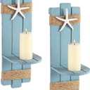 SOMTO Beach Starfish Wall Candle Sconces Decor,Ocean Themed Wall-Mount Candle Holders, Coastal Farmhouse Nautical Rustic Decorations for Bathroom, Living Room, Dining Room and Office, Set of 2 (Blue)