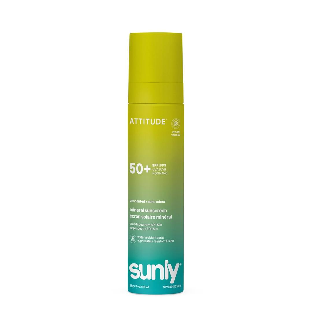 ATTITUDE Mineral Sunscreen Lightweight Lotion SPF 50, Broad Spectrum Zinc Oxide, EWG Verified, Non-Nano, Water-Resistant 80 Minutes, Non-Greasy for Face & Body, Vegan, Unscented, 3 Oz