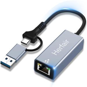USB to Ethernet Adapter, USB C to Ethernet Adapter, Gigabit LAN (1000Mbps) Network Adapter for MacBook/Pro/Air, Surface Pro, iPad Pro, Switch, Laptop, Computer, PC, etc