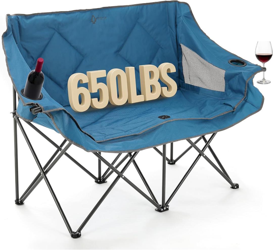 ARROWHEAD OUTDOOR Portable Folding Double Duo Camping Chair Loveseat w/ 2 Cup & Wine Glass Holder, Heavy-Duty Carrying Bag, Padded Seats & Armrests, Supports up to 500lbs, USA-Based Support, X-Large