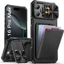SSLOTSCASE for iPhone 16 Pro Max Case with Card Holder & Kickstand & Slide Camera Lens Cover, Silicone Edge Protection Rugged Heavy Duty Phone Case Cover for iPhone 16 Pro Max 6.9'', Black