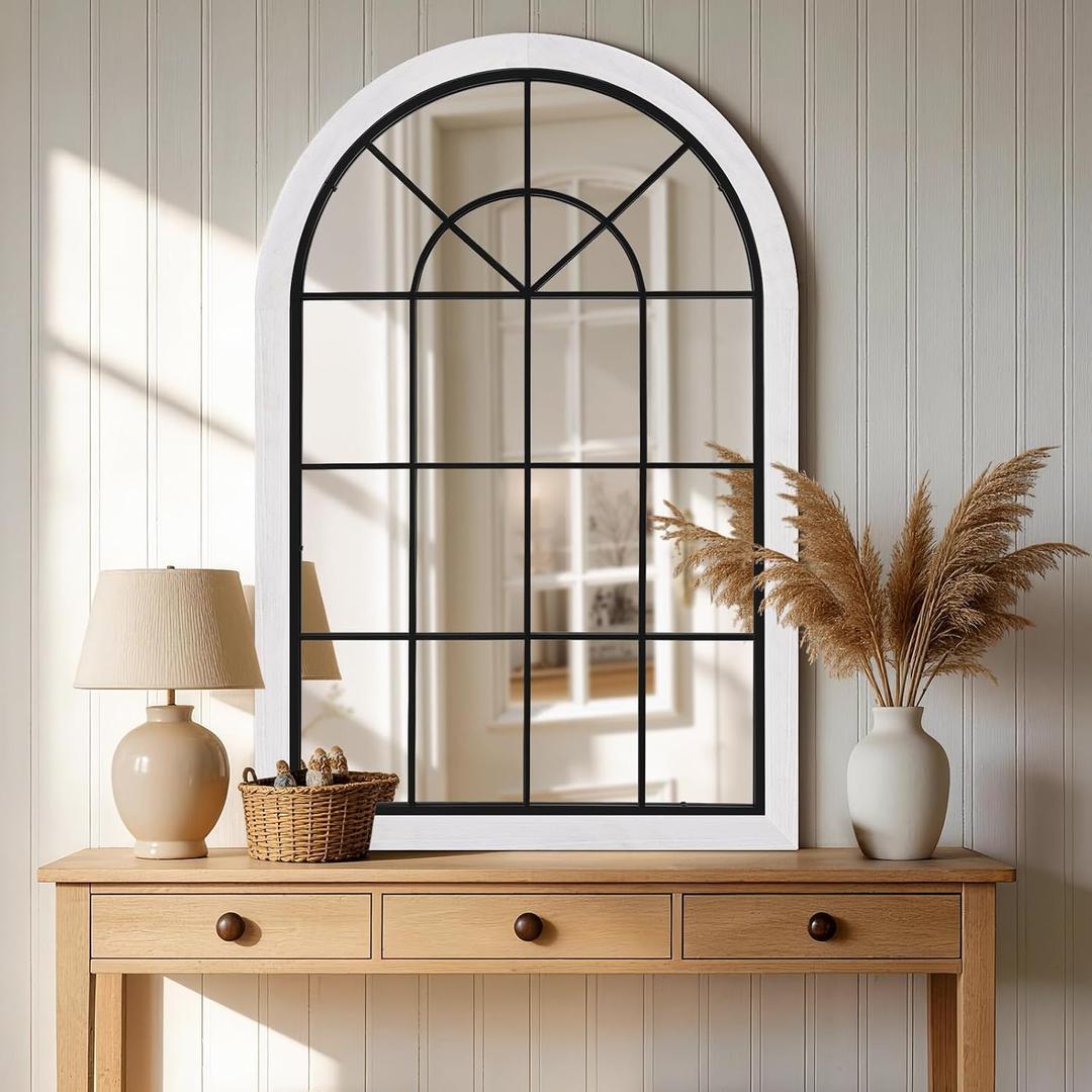 24x36 Inch Arched Windowpane Wall Mirror, Farmhouse Window Mirror