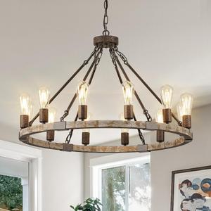 Farmhouse Wagon Wheel Chandelier 31" Wooden Chandelier Light Fixture 12-Light Rustic Chandeliers for Dining Room Living Room Entryway Foyer, 31.5 inch 12-Light