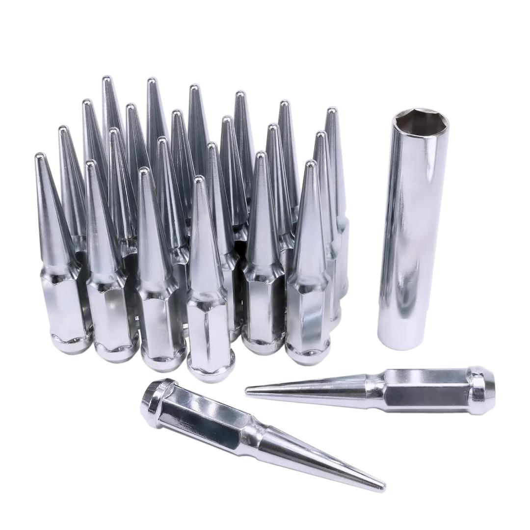 CARMOCAR 24 PCS Spike Lug Nuts 14x1.5 for Chevy Silverado Tahoe 4.4" Tall w/Key Chrome