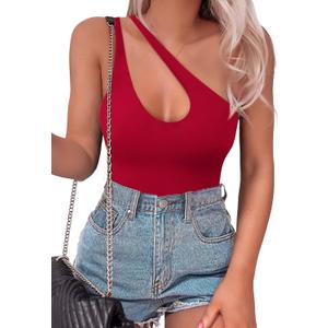 SAUNGKUAI Women's Sexy One Shoulder Sleeveless Cutout Thong Bodysuit Tank Top Body Suits V Backless Tummy Control Shapewear (Large, Red)
