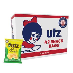 Utz Salt & Vinegar 1 oz. Bags, 42 Count Crispy Fresh Potato Chips, Crunchy Individual Snacks to Go, Cholesterol, Trans-Fat & Gluten Free Best By: 07/28/25