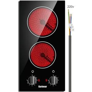 Karinear 2 Burner Electric Cooktop 12 Inch Built-in Electric Stove Top, 220v- 240v Radiant Cooktop with Residual Heat Indicator, Knob Control, Over-Temperature Protection, Hard Wire(No Plug)