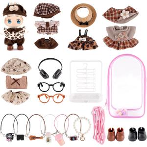 Labubu Clothes Set with Display Stand & Bag, 24-piece Clothes and Accessories, 6.7 Inch Labubu Doll Clothes Set, Display Bag, Clothes Rack, Headphones, Camera, Glasses, Shoes, 7 Necklaces