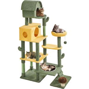 Yaheetech Cactus Cat Tree, Large Cat Tree for Indoor Cats, Multi-Level Cat Tower with 2 Large Condo, Scratching Posts, 2 Acrylic Clear Bowls and Dangling Balls, 68.5in