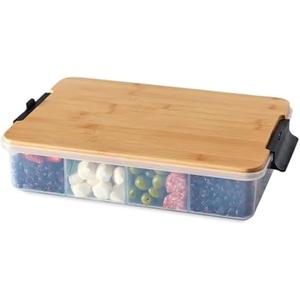 Farberware Build Snacklebox Serving Tray with Locking Bamboo Cutting Board Lid, Portable Storage Container with Compartments for Charcuterie, and More, Natural (Black)