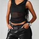 Women's Cowl Neck Sheer Tank Tops Drawstring Side Draped See Through Sleeveless Crop Top (Black, S)