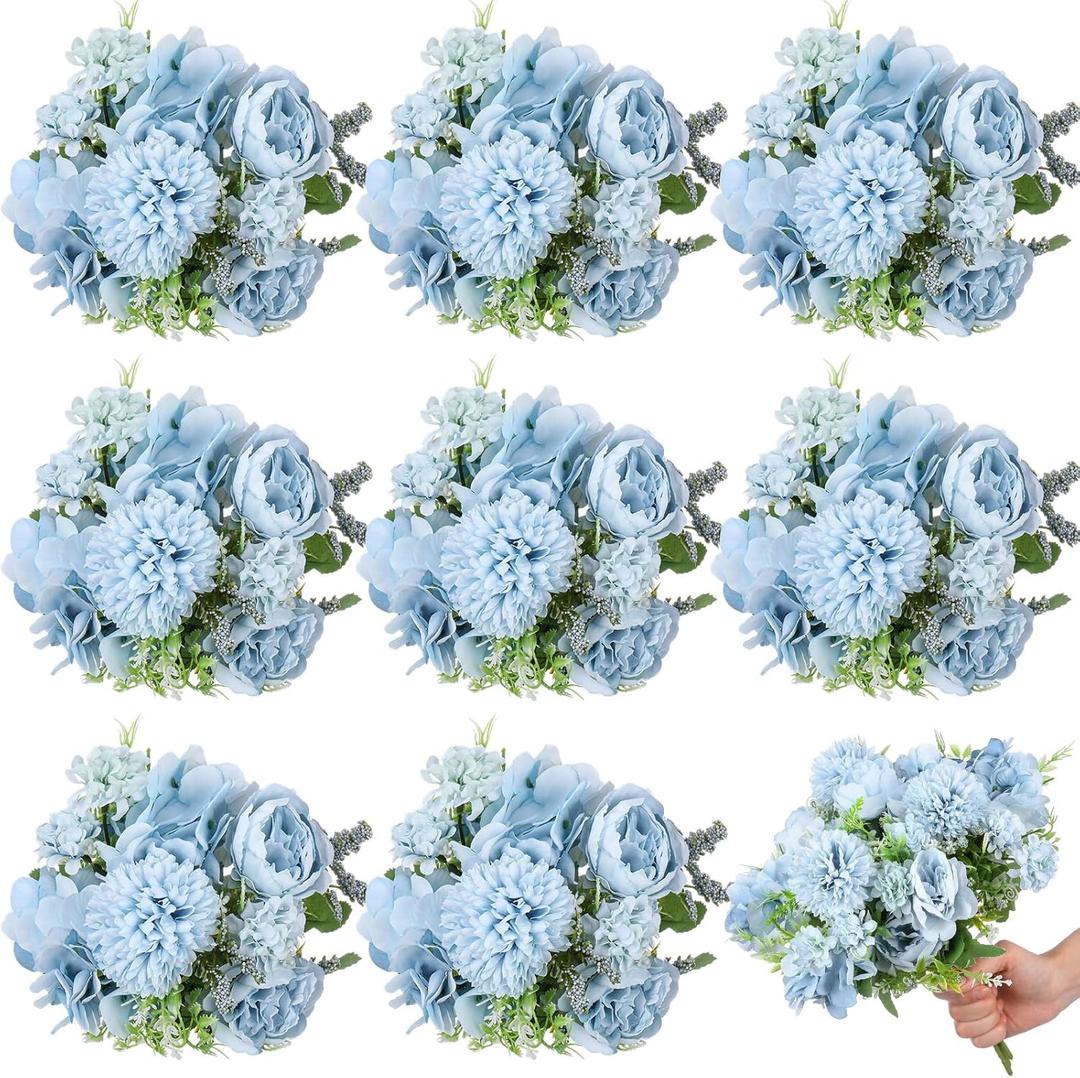 Lyrow 8 Pcs Peony Artificial Flowers Fake Silk Hydrangea Bouquet Elegant Peony Flowers for Wedding Decoration Faux Realistic Floral for Home Party Table Centerpieces Arrangement (Blue)