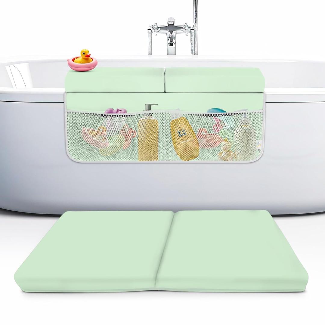 Memory Foam Bath Kneeler and Elbow Rest Pad Set, 2-Inch Thick, Water-Resistant Mat  Baby Bath Time Essentials Cushion and Bath Kneeling Pad for Bathing Baby with Bathtub Toy Organizer (Mint Green)