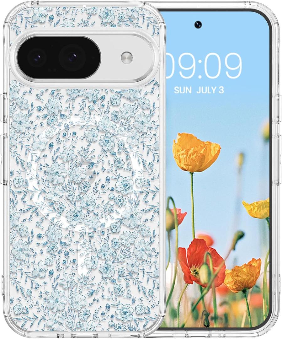 RALEAVO for Google Pixel 9/9 Pro Case Compatible with MagSafe Clear Floral Pattern Design Cute for Girls Women Slim Magnetic Hard Back Shockproof Phone Case for Pixel 9/9 Pro,Blue Flowers