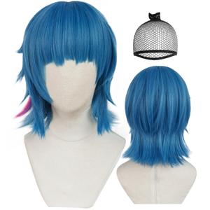 Short Blue Wig with Bangs for Game Cosplay Blue Cosplay Wig with Pink Highlights for women Short Wavy Bob Wigs for Halloween Outfit Bright Blue Anime Wigs for Party Costume+Hair Cap