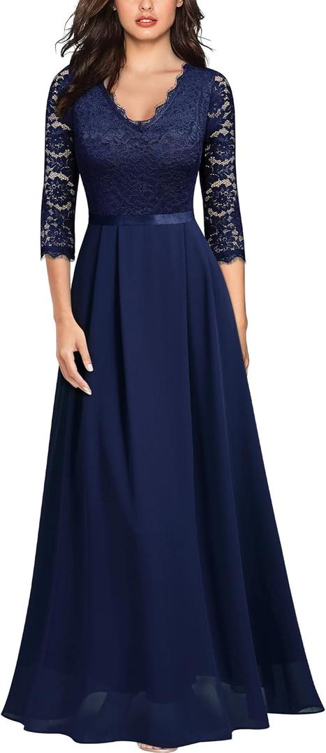 MISSMAY Women's Formal Floral Lace 2/3 Sleeves Long Evening Party Maxi Dress (Blue, M)
