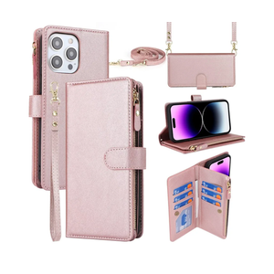 iCoverCase Compatible with iPhone 15 Pro Max Crossbody Case with Strap, Wallet Phone Case Card Holder [Not Detachable] PU Leather Kickstand Zipper Lanyard Case 6.7" (Rose Gold)