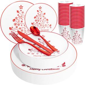 Supernal 150pcs Christmas Plastic Dinnerware Include Red Plastic Plates, Disposalbe Cups,Christmas Party Supplies,Red Plastic Silverware for Christmas Party and New Year