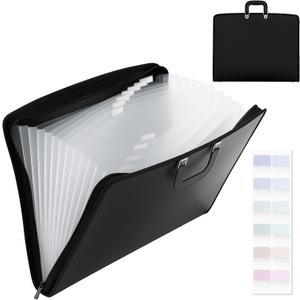 Dunzoom 1 Pack 11 x 17 Art Portfolios, Expanding File Organizer with 13 Pocket for Artwork, Painting Document Binder with Handle, Zipper and 120 Pcs Sticky Labels, Oxford Cloth Edge (Black)