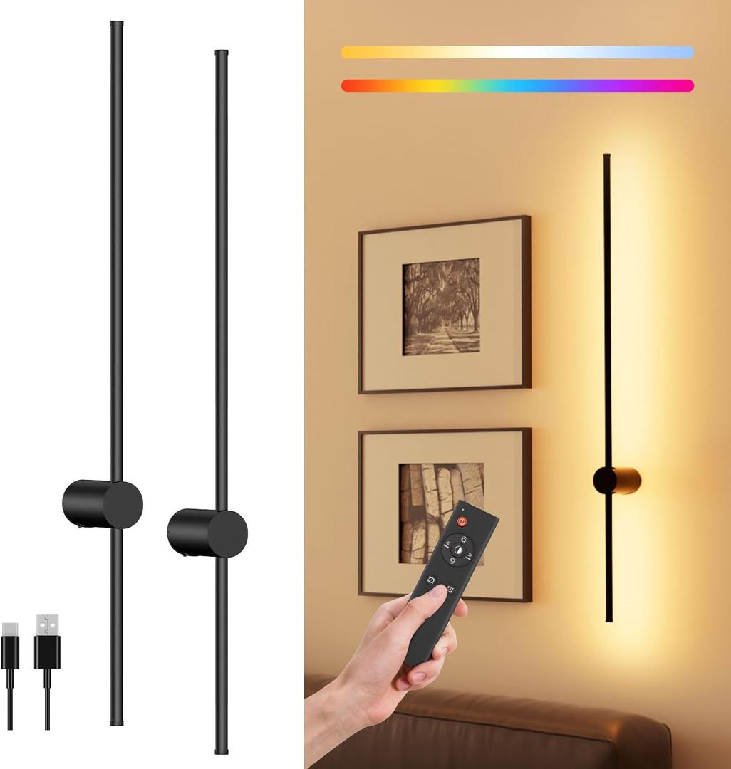 40" Battery Operated Wall Sconce, 10000mAh Rechargeable Wireless Sconces Set of 2, Dimmable Wall Sconces with Remote Control, 18 Color Modes Non Hardwired Wall Sconces, 10 Hours Using Time (Black)