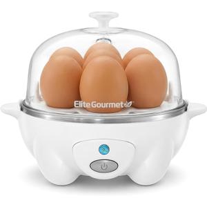Elite Gourmet EGC-007## Rapid Egg Cooker, 7 Easy-To-Peel, Hard, Medium, Soft Boiled Eggs, Poacher, Omelet Maker, Auto Shut-Off, Alarm, 16-Recipe Booklet, White