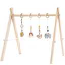Foldable Wooden Baby Play Gym with 4 Sensory Hanging Toys, Montessori Infant Activity Frame for 0-12 Months | Solid pine safe gym with 4 sensory teething toys, foldable stable frame, boho nursery decor & perfect baby shower gift