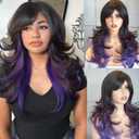 Purple Black Layered wigs with bangs wigs layered wig 28inches synthetic wig with falltering curl ombre color for white women (Black purple)