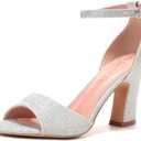 HHTCAL Block Chunky Heels for Women Peep Open Toe Ankle Strap Strappy Heeled Sandals 3 inch Party Dress Wedding Shoes Bride Bridesmaid, 6.5