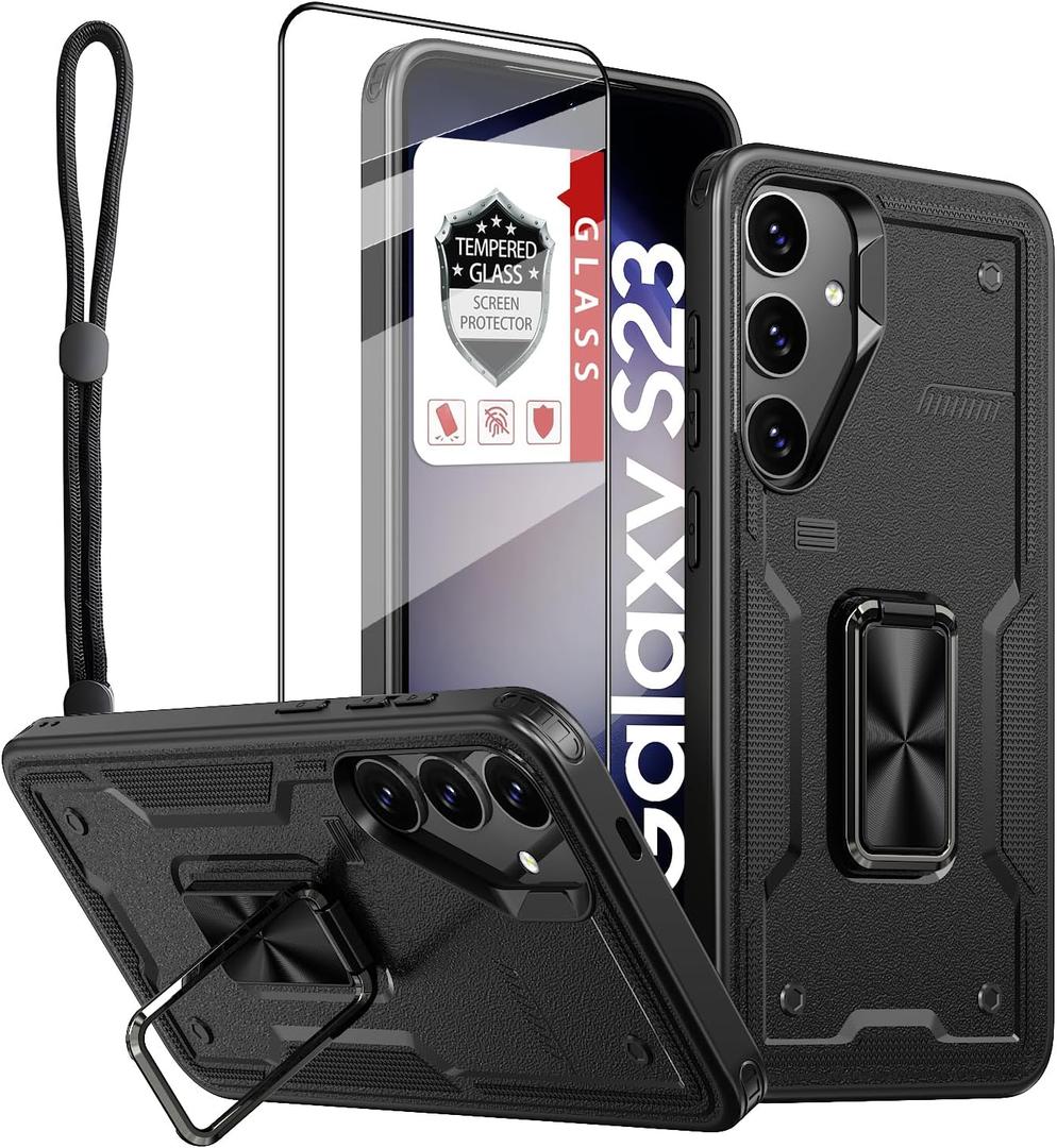 for Samsung Galaxy S23-5G Case with Tempered Glass Screen Protector,with Lanyard Strap[Military Duty Anti-Drop Shockproof Protection]with Magnetic Ring Kickstand,Black