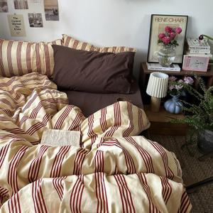 3 x mixinni Retro Striped Duvet Cover Set Full - 100% Natural Cotton 3-Piece Vintage Red Stripes Pattern Printed Bedding Set, Soft Breathable Comforter Cover with Zipper Closure & Corner Ties, Full Size