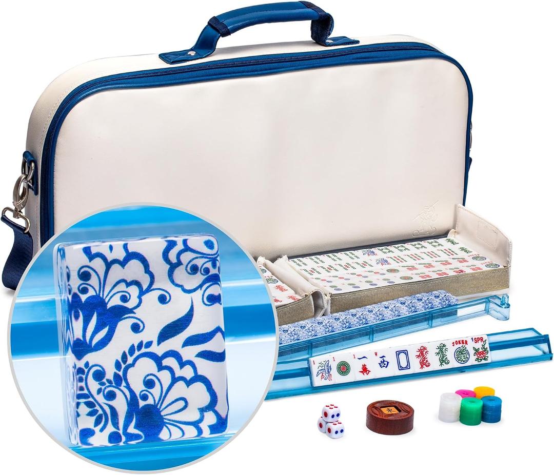 Yellow Mountain Imports American Mahjong Set, Chinoise with Soft Leatherette Case - Racks with Pushers, Scoring Coins, Dice, and Wind Indicator, 21.3" X 12.2" X 2.8"