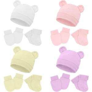 Cuffbow 4 Pcs Preemie Hats Newborn Baby Mittens and Socks Set Cotton Warm Socks for Baby Girls and Boys Infant