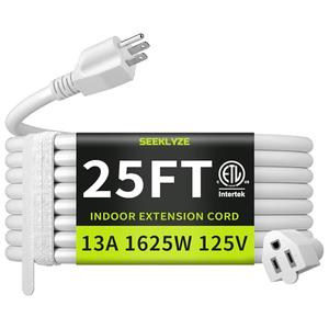 16/3 White 25 FT Extension Cord, Indoor Extension Cord for Laptops, Coffee Makers, Office Home Appliances, 3 Prong Resistant Cable Flexible, 13A 125V 1625W ETL Listed