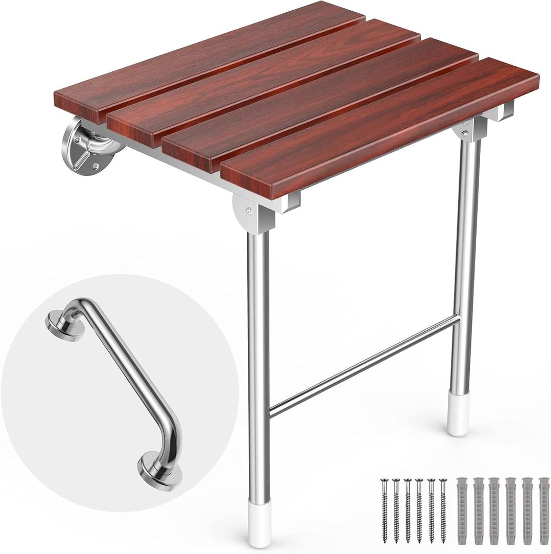Folding Shower Seat Wall Mount, Foldable Wall Wood Shower Chair Bench for Seniors, Bathroom Safety Shower Stool for Small Shower
